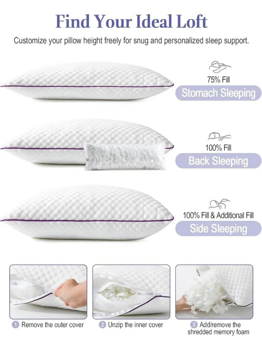 Adjustable Shredded Memory Foam Pillows Set of 2 - Queen Size Comfort & Support